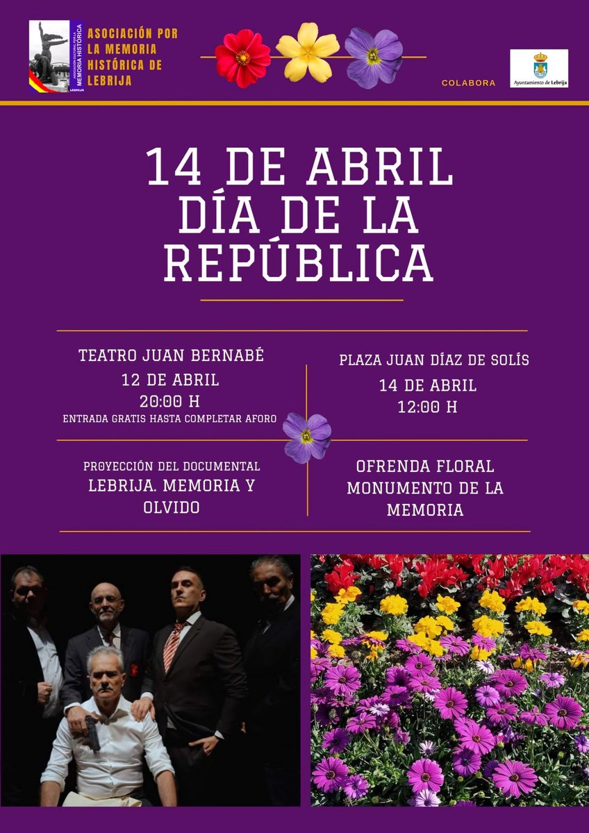 ‼️🔴🟡🟣 La Asociación por la Recuperación de la #MemoriaHistorica de #Lebrija organiza, como cada mes de #AbrilRepublicano, los actos conmemorativos con motivo de la proclamación de la II República.

#14DeAbril #MemoriaDemocratica #LebrijaMemoriayOlvido
#MemoriaHistoricaLebrija