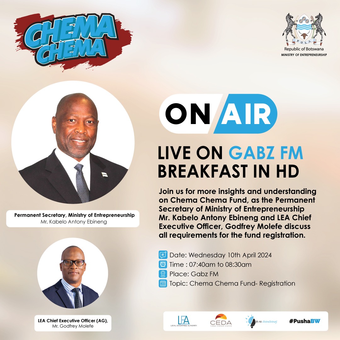 BWGovernment's tweet photo. 𝗖𝗛𝗘𝗠𝗔 𝗖𝗛𝗘𝗠𝗔 𝗙𝗨𝗡𝗗-𝗥𝗘𝗚𝗜𝗦𝗧𝗥𝗔𝗧𝗜𝗢𝗡
Tune in on Gabs FM and join us for more insights and understanding on the Chema Chema Fund registration requirements on 10 April 2024 at 0740am
Be a part of the conversation.
#ChemaChema
#enterpreneur
#enterpreneurship https://t.co/iC9rrF7XmE