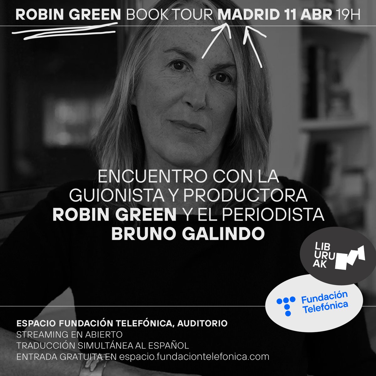 📕Robin Green / Book Tour / #MADRID / @EspacioFTef 👉11 de Abril · De 19:00 a 20:30 Encuentro con Robin Green y el periodista Bruno Galindo @brunogalindo Reserva aquí tu entrada 👇espacio.fundaciontelefonica.com/evento/la-unic… #liburuaklibros #RobinGreen #launicachica #musica #editorial