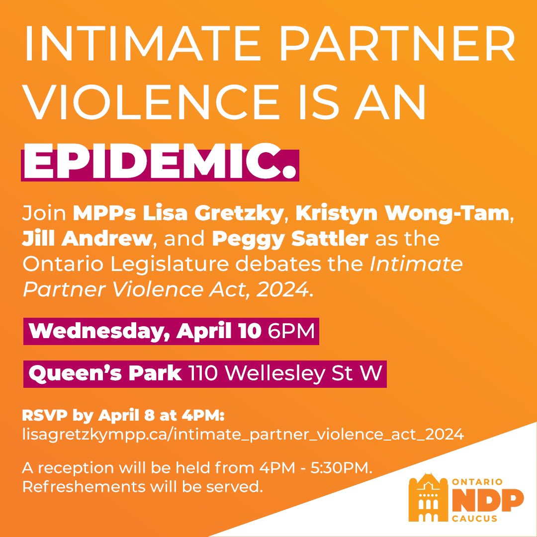 On Wednesday April 10, MPPs at Queen’s Park will debate the @OntarioNDP’s Intimate Partner Violence Epidemic Act, which calls on the Ford government to officially recognize Intimate Partner Violence (IPV) as the deadly epidemic it is. 🧵