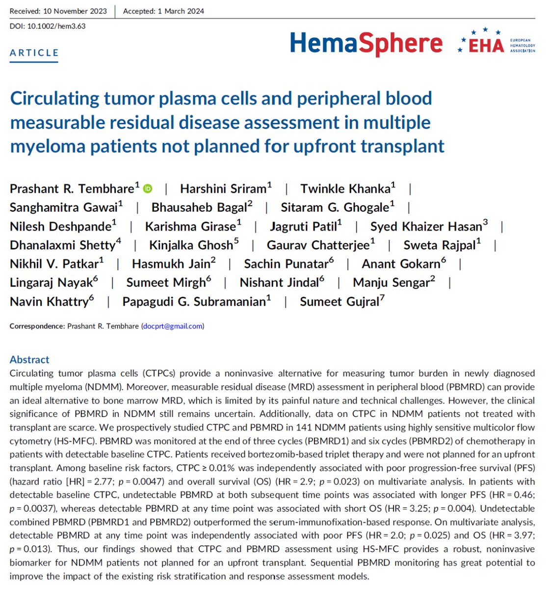 Happy to share a recent publication from our lab on CTC and Peripheral blood MRD in myeloma using highly sensitive flow cytometry @Hemasphere_EHA @BrunoPaiva_UNAV @LabOrfao @AmeetRKin @EHA_Hematology @HoratiuOlteanu @sindhucherian @DrOlaLandgren @NikhilMunshiMD @NoopurRajeMD