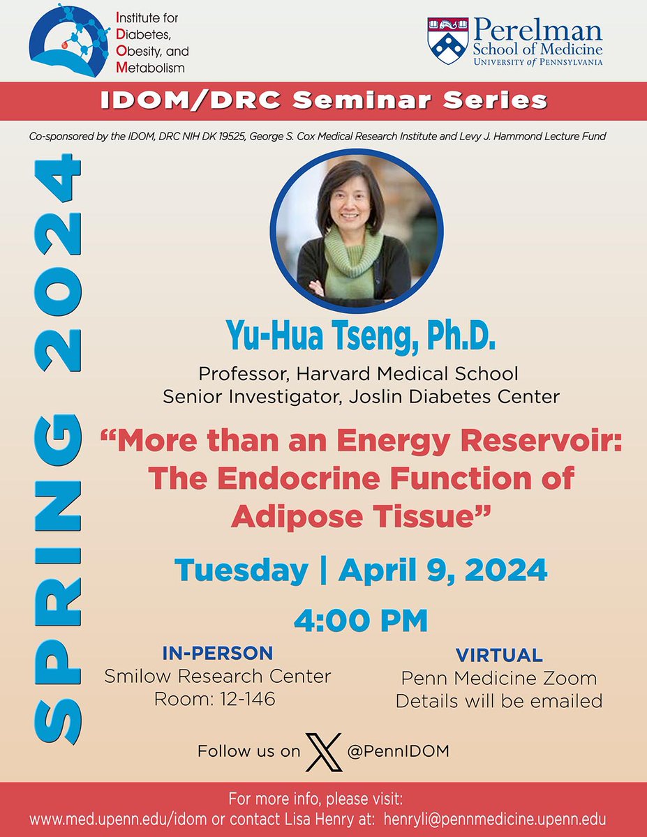 IDOM/DRC Seminar: 4/9/24 @ 4pm.  Yu-Hua Tseng, Ph.D. @tsengyuhua  - “More than an Energy Reservoir: The Endocrine Function of Adipose Tissue”
#IDOMSeminar