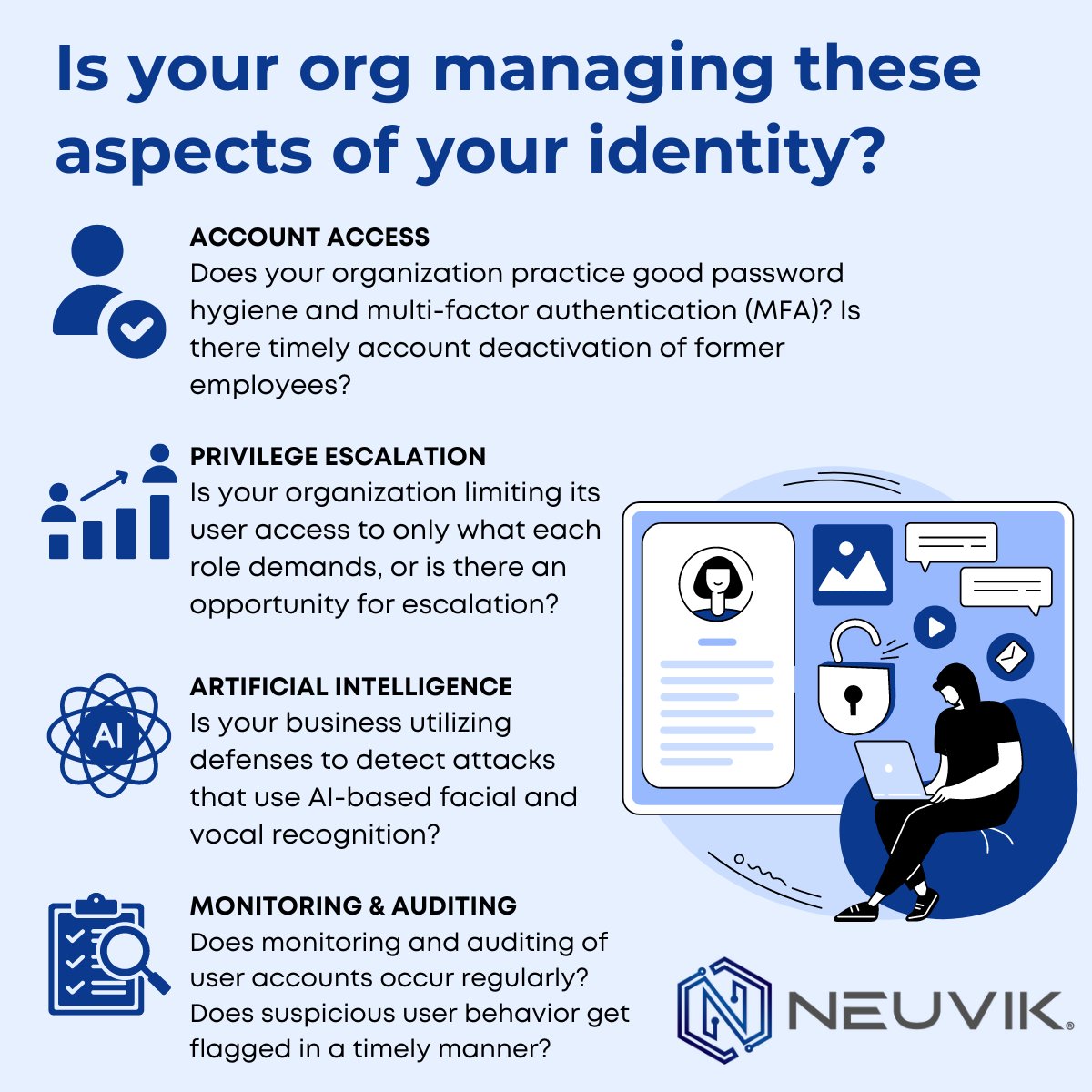 Neuvik's tweet photo. Happy #IdentityManagementDay! With 90% of organizations experiencing an identity-related #breach last year, it's more important than ever to be #BeIdentitySmart. Is your organization considering these important aspects of identity management? #IDMgmtDay2024 https://t.co/crAX0gGHhv