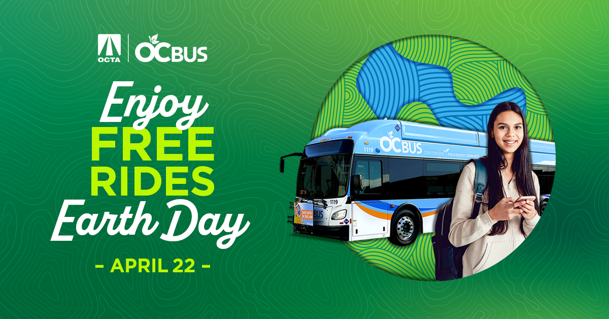On Earth Day, celebrate the planet and help make Orange County greener by enjoying a free ride on any fixed route OC Bus. Our fleet runs on clean, renewable energy now and OCTA is committed to a zero-emission future. #EarthDay 🌎 OCBus.com/EarthDay