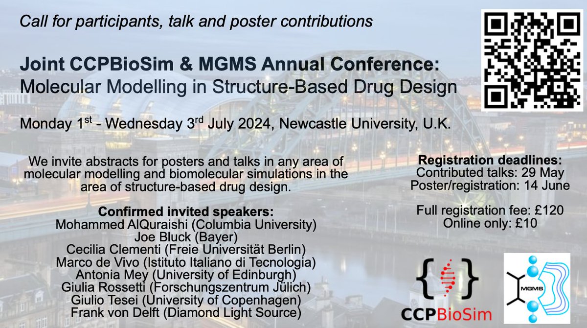 Reminder that registration is open for the joint @ccpbiosim & @MgmsUpdates annual conference: Molecular Modelling in Structure-Based Drug Design! 1-3 July 2024, @UniofNewcastle, UK Further details and registration links at: ccpbiosim.ac.uk/newcastle2024