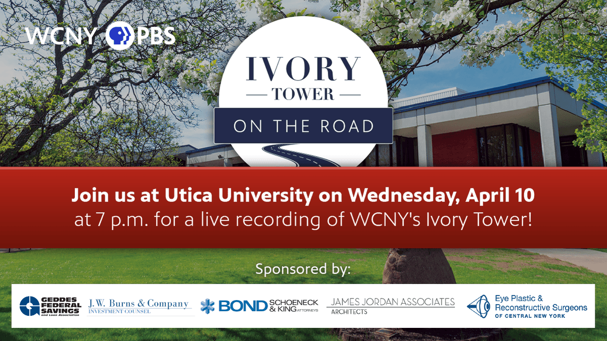 WCNYPBS's tweet photo. #CNY's favorite public affairs show #IvoryTower is hitting the road to record "live" shows on college campuses! Join us for our second recording at @uticauniversity this Wednesday, April 10 at 7 pm at the Strebel Student Center Auditorium.

Learn more at https://t.co/xjfFEqfw9P. https://t.co/4DIIfpy7E8