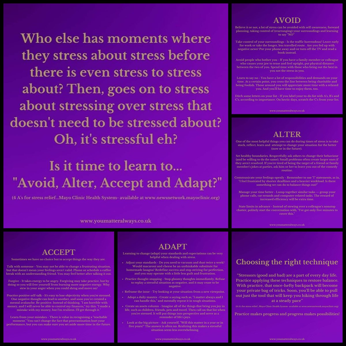 A wee question in respect of #StressAwarenessMonth...is it time to learn to AVOID, ALTER, ACCEPT and ADAPT? 🤔💜🤔 #YouMatterAlways #whoyouarematters #selfmanagement #stressawareness #stressmanagement #StressRelief