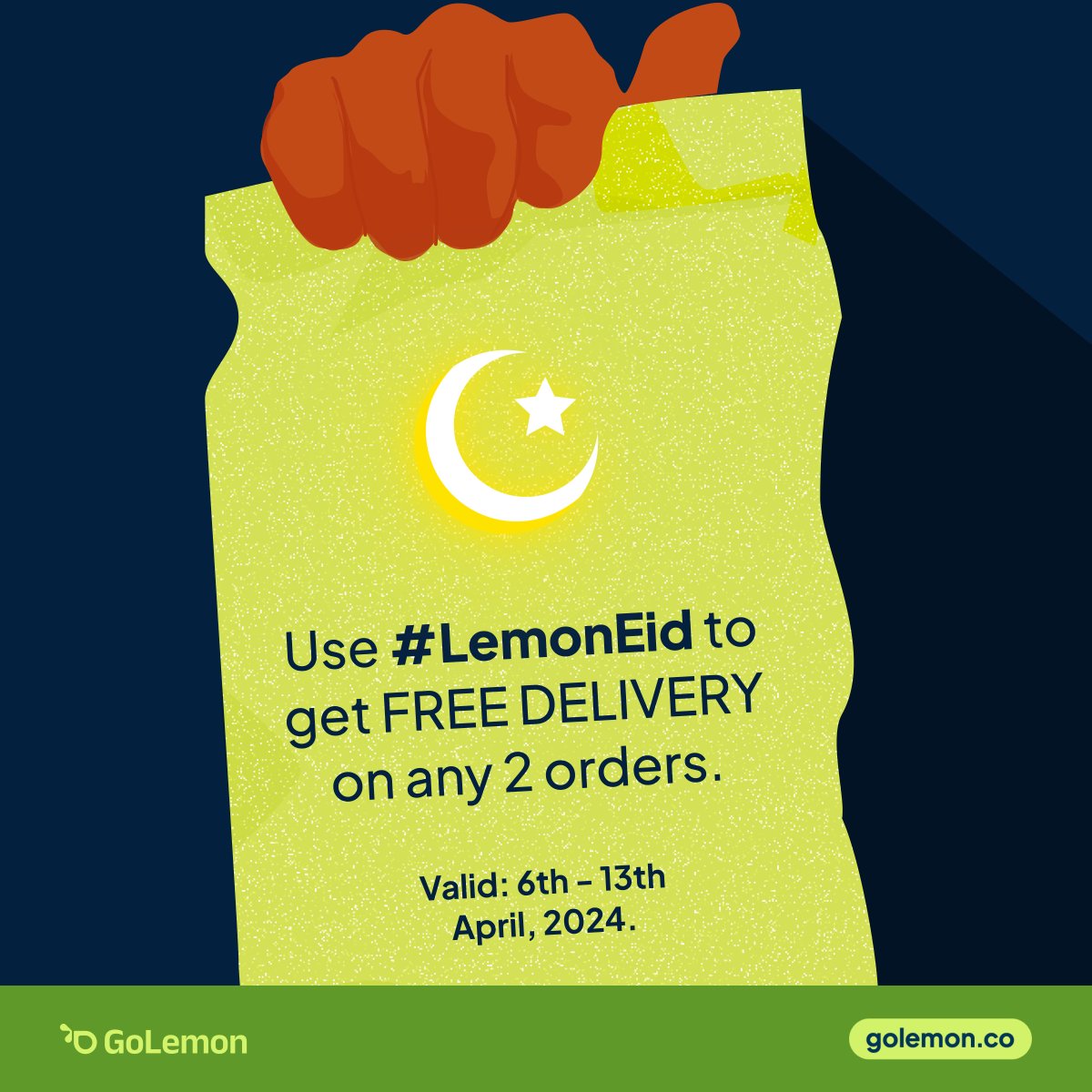 golemonhq's tweet photo. To celebrate Eid, we're giving you FREE DELIVERY on your first two orders this week! 🥳
To enjoy, simply use the discount code 'LemonEid' before you checkout. 😉
Happy Shopping! 💚
#GoLemonHQ #LemonEid https://t.co/zP6Sx1DO48