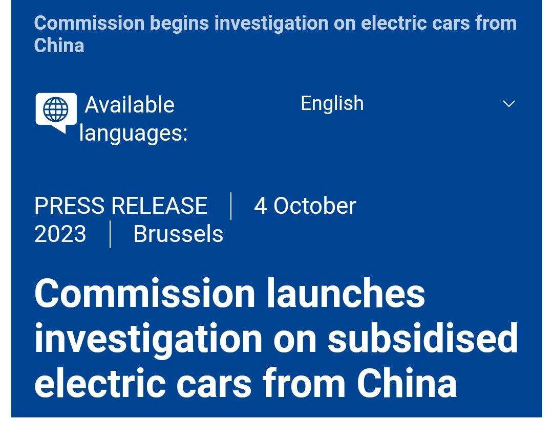 Ursula Von der Leyen, President of the EC: '... the Commission is launching an anti-subsidy investigation into electric vehicles coming from China ....' Chinese car makers: 'No problem, we'll just build them in Europe'. See previous tweet on Chery's plans.