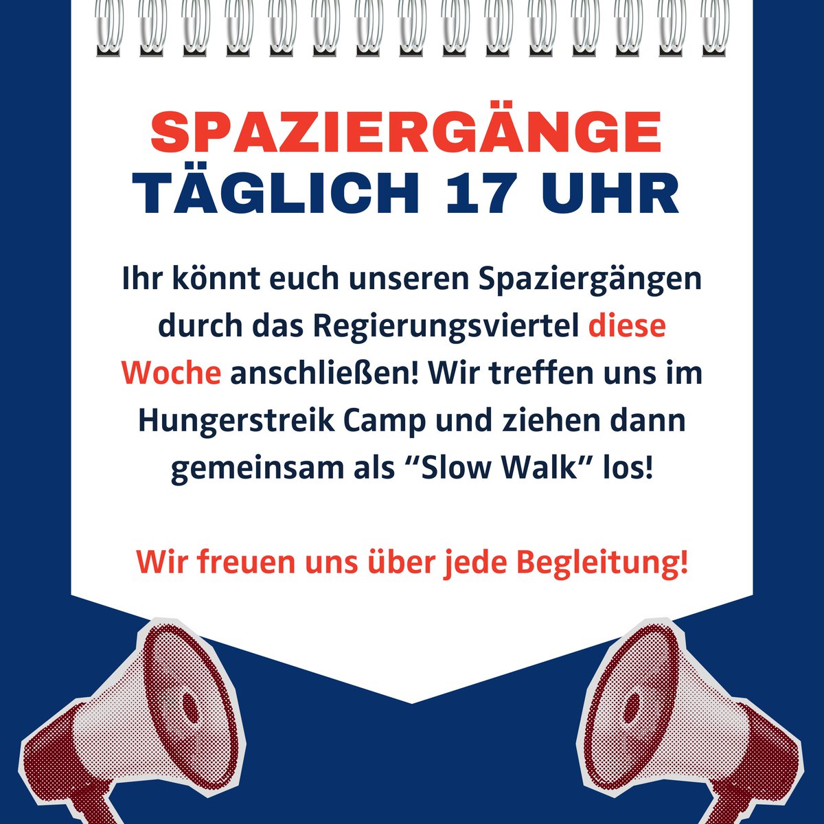 An alle in Berlin und Umgebung: Ihr könnt jetzt bei unseren täglichen Protestmärschen durch das Regierungsviertel mitmachen! 🚶‍♀️ Diese finden täglich um 17 Uhr statt und starten beim Infopoint unseres Hungerstreik-Camps im Spreebogenpark. ⛺️ Wir freuen uns auf euch!