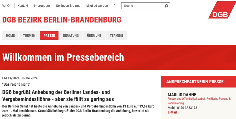 Das Land #Berlin erhöht seinen #Vergabemindestlohn auf 13,69 Euro pro Stunde. Der @DGB_Berlin_BRB hält diese Anhebung für zu gering und fordert einen Vergabemindestlohn von 15 Euro: berlin-brandenburg.dgb.de/presse/++co++1…