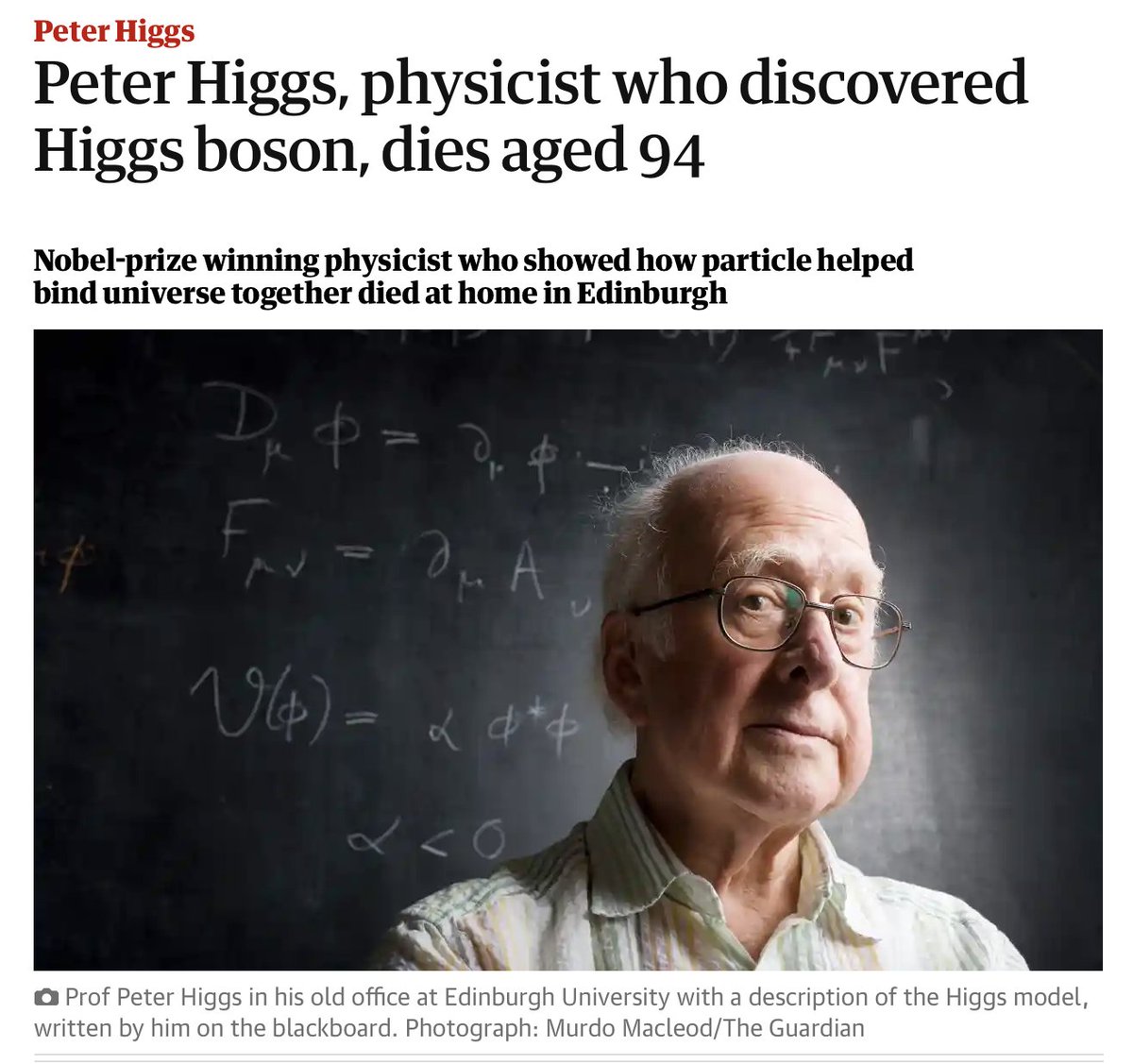 Peter Higgs, discoverer of the Higgs Boson, has blinked out of existence. theguardian.com/science/2024/a…