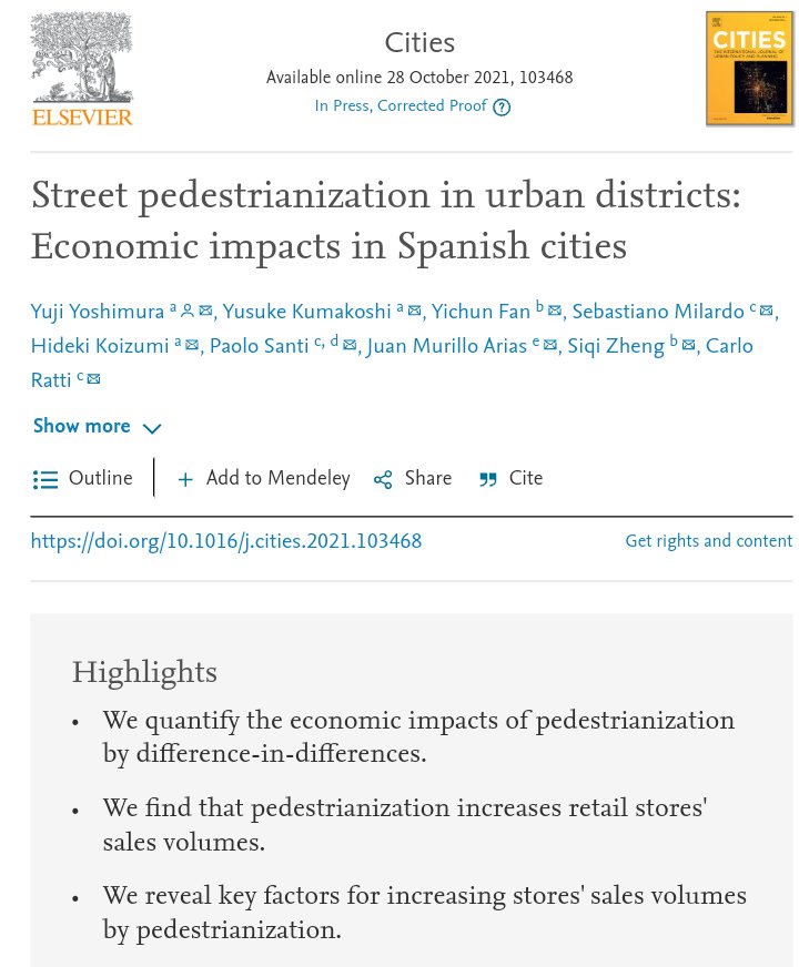 'La peatonalización aumenta las ventas del comercio. Los resultados proporcionan evidencia de que las personas prefieren un entorno amigable a los peatones a uno orientado al 🚘' Estudio en 14 ciudades españolas analizando miles transacciones 💳