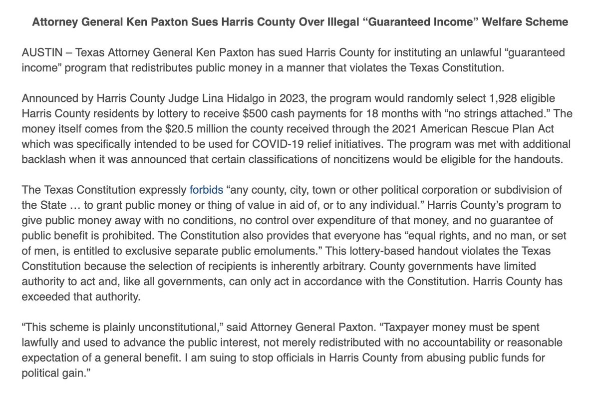 New: @KenPaxtonTX's office has sued Harris County over its guaranteed income program, alleging that it violates the Texas Constitution. Court filing here: texasattorneygeneral.gov/sites/default/… #txlege