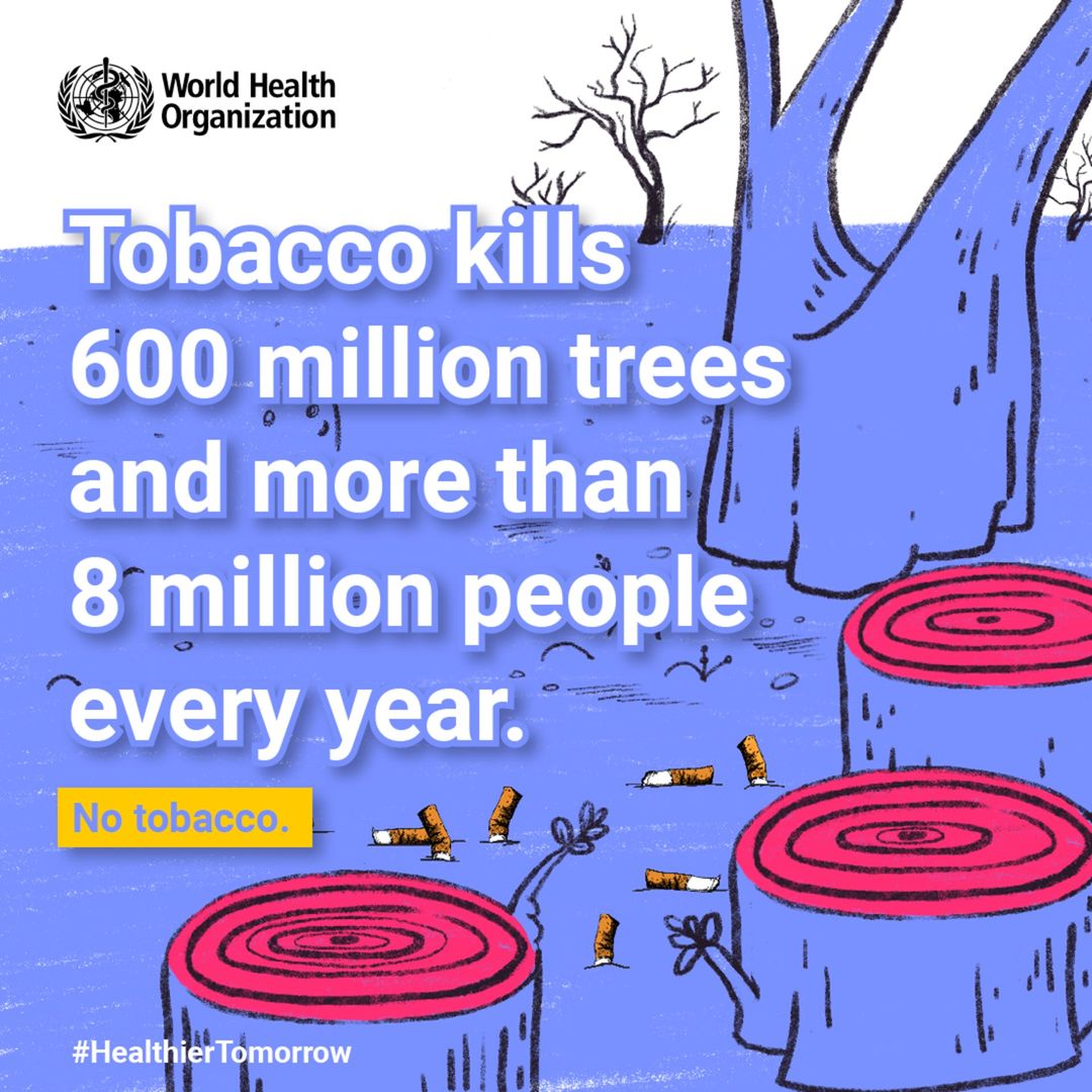 Tobacco kills more than 8 million people every year & is highly addictive. It is a major risk factor for cancer, heart, lung diseases. 600 Million trees are chopped down to make 6 trillion cigarettes every year, decreasing the clean air we breathe. No tobacco. #HealthierTomorrow