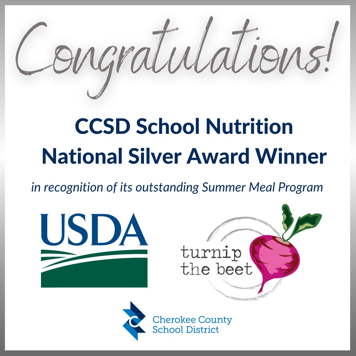 CCSD has earned national honors for its School Nutrition summer meals program for the fifth time! Only 140 school districts nationwide including 20 from Georgia earned the national honor. More: cherokeek12.net/post-detail/~b… #CCSDfam