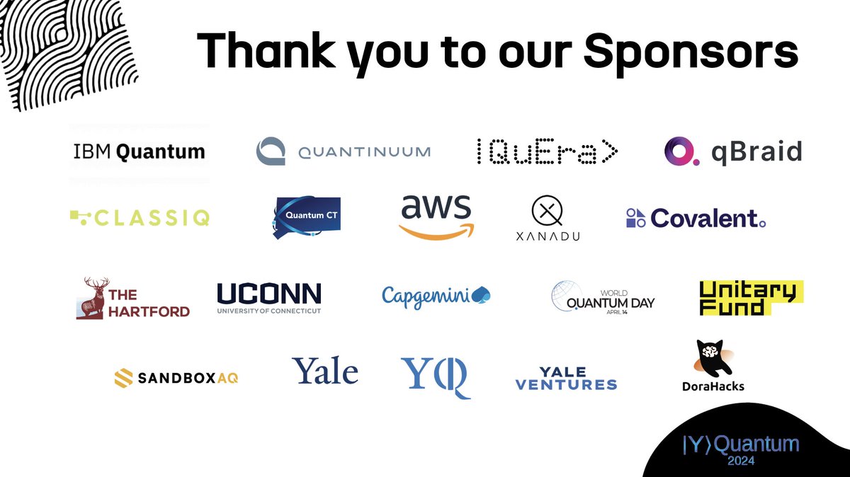 Thank you to all our sponsors making this hackathon possible! @IBMResearch @QuantinuumQC @QueraComputing @qbraid_official @ClassiqTech @awscloud @XanaduAI @covalentxyz @TheHartford @UConn @Capgemini @unitaryfund @DoraHacks @SandboxAQ @Yale_Ventures @Yale @WorldQuantumDay