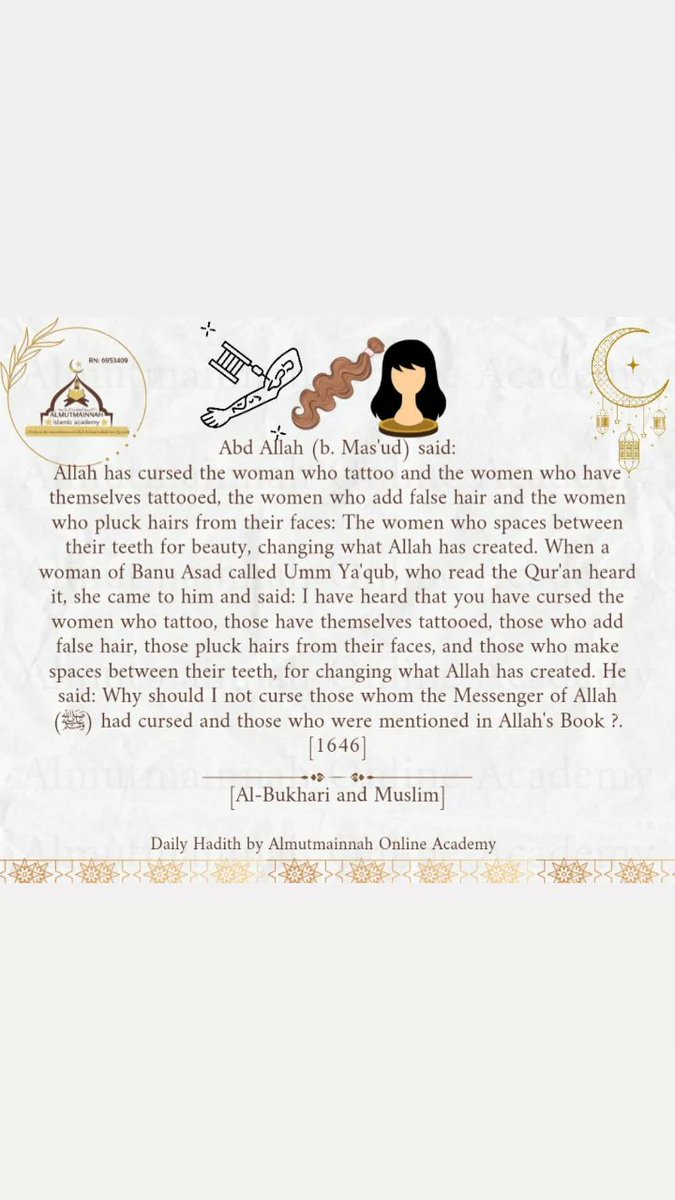 #DailyHadith #HadithOfTheDay #HaramModesOfBeautification #UsingFalseHairInIslam #TattooInIslam #Ramadan #QualifiedFemaleTutors #FunLearning #teachyourchildrenIslam #teachyourchildrenQuran #islam #KidsLearningQuran #AlmutmainnahonlineAcademy