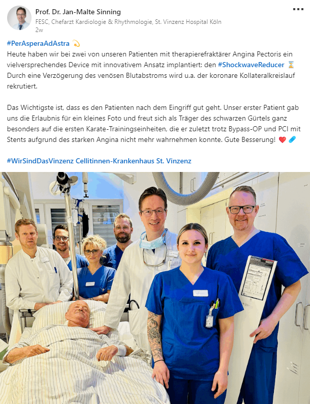 Inspiring patient story from Prof Jan-Malte Sinning & team at Cellitinnen-Krankenhaus St. Vinzenz in Cologne, Germany. We’re thrilled to hear the #ShockwaveReducer helped make your patient feel better, get back on his feet and back in the karate dojo. Congratulations to everyone…