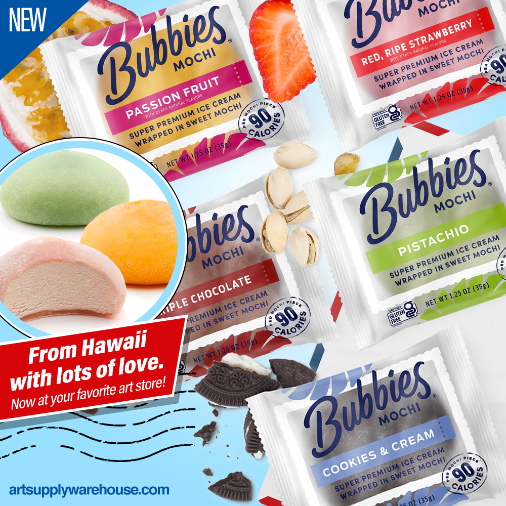 NEW at Art Supply Warehouse - Bubbies super premium ice cream wrapped in sweet mochi! 😋 Select from a delicious assortment of fun flavors! Just when you thought your favorite art store couldn't get any better...