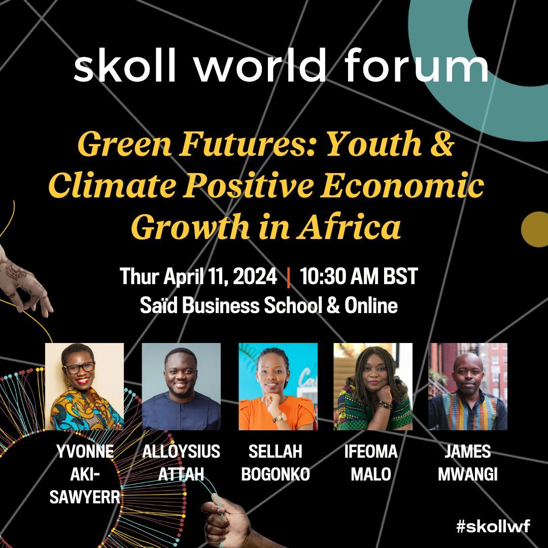 Join the Skoll World Forum virtually this week to hear how @yakisawyerr, @alloysiusattah, @Sellahb, Ifeoma Malo, and @James_I_Mwangi are working with youth across Africa to create viable economic solutions while protecting the planet. Register: skoll.wf/3U9I8F4 #SkollWF
