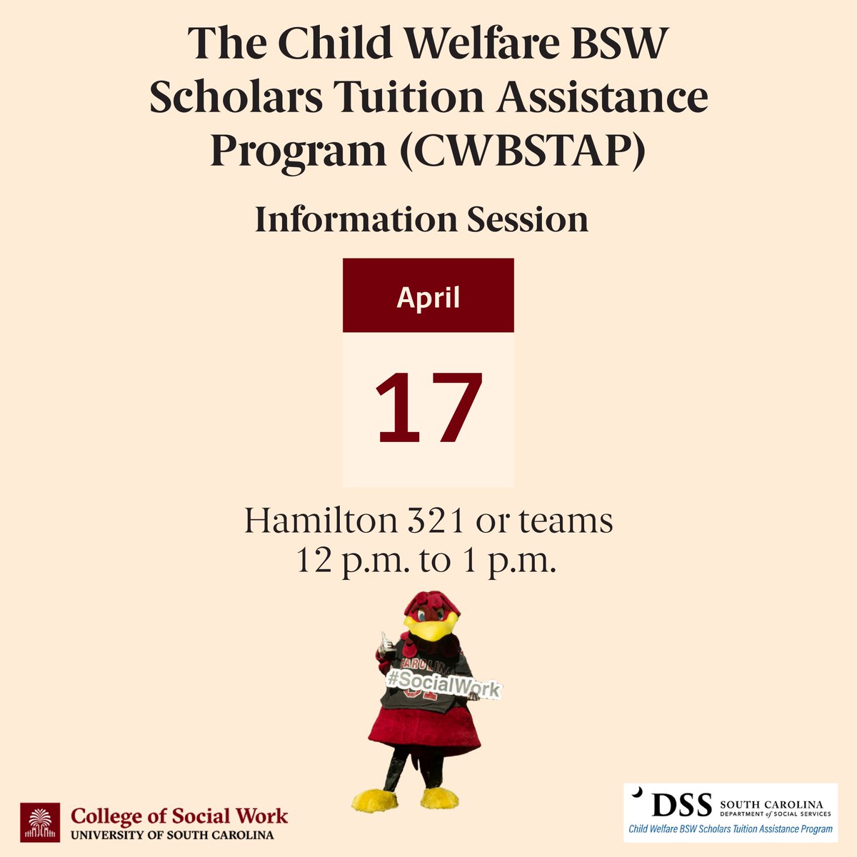 Attention #BSW juniors! 📣 Join us for an information session on the @SC_DSS Child Welfare Tuition Assistance program on April 17. Learn more and register here: bit.ly/49xYfRg #SocialWork #BSWScholarship