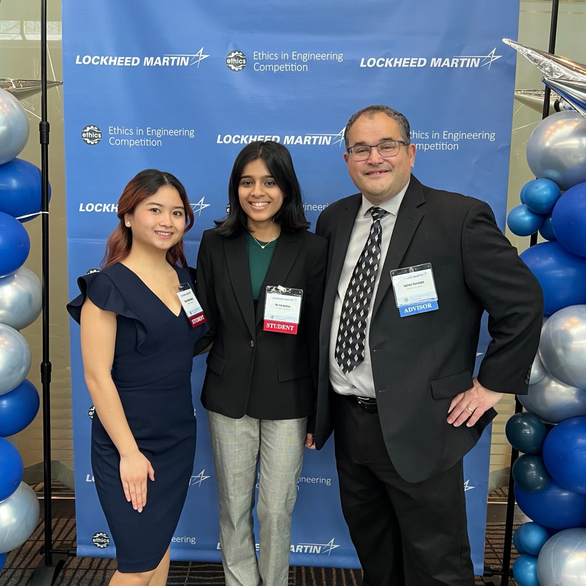 .@templebioe students Jace Izellah Mary (L) and Rutva Hadap (C) participated in Lockheed Martin's Ethics in Engineering Competition with advisor Dr. James Furmato (R). They presented their solution to an ethics case involving AI, orbital dynamics, and advanced imaging systems.