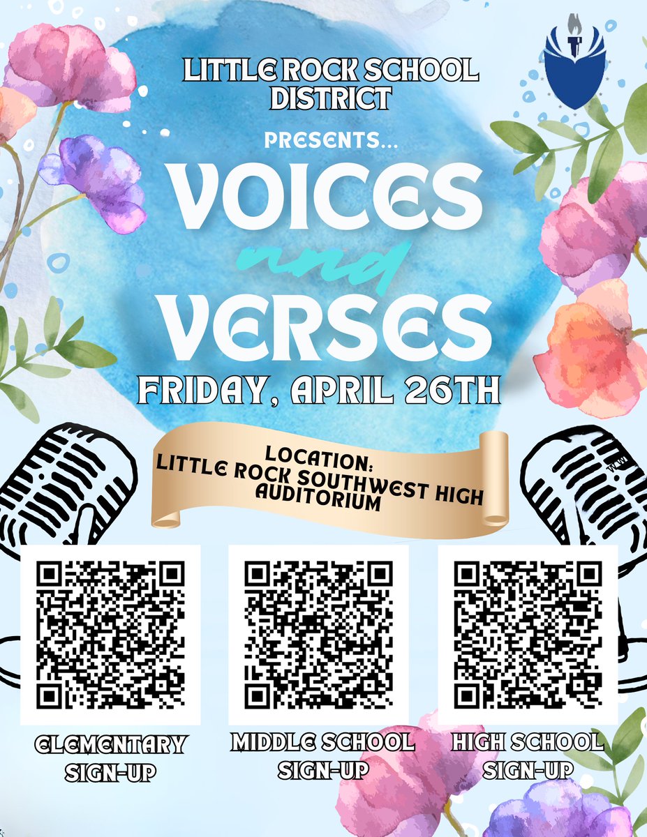 🎤 LRSD's Open Mic Night is on April 26th at Southwest High School. Eight students from each level, elementary, middle, and high school, will perform. Don't miss out - sign up today using the QR codes! Students will be notified by April 15 of their selection or waitlist spot.