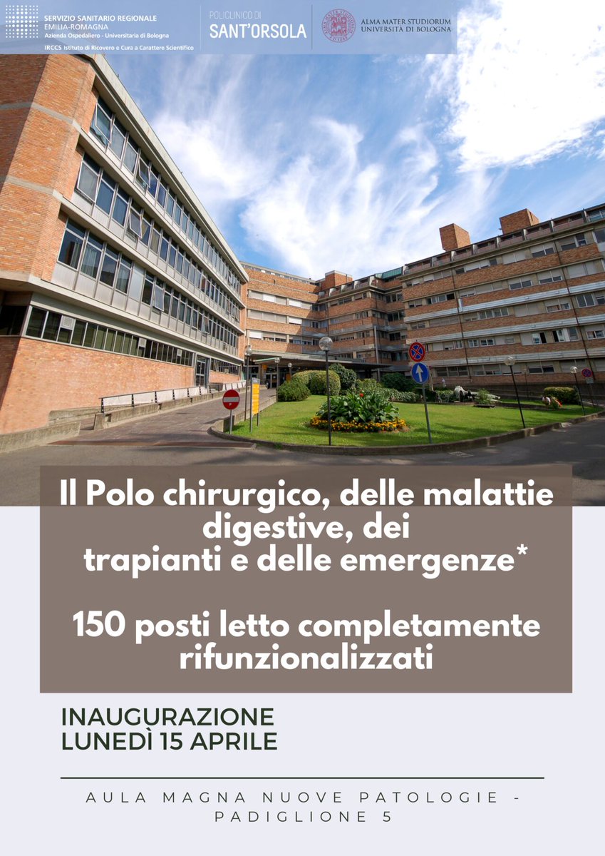 Lunedì 15 aprile alle ore 10 il Policlinico di Sant'Orsola IRCCS inaugura la 𝐫𝐢𝐟𝐮𝐧𝐳𝐢𝐨𝐧𝐚𝐥𝐢𝐳𝐳𝐚𝐳𝐢𝐨𝐧𝐞 𝐝𝐢 𝟏𝟓𝟎 𝐩𝐨𝐬𝐭𝐢 𝐥𝐞𝐭𝐭𝐨 nel padiglione 5. Presente all'evento @opibologna e le massime istituzioni. Leggi la news completa ordineinfermieribologna.it/2024/policlini…