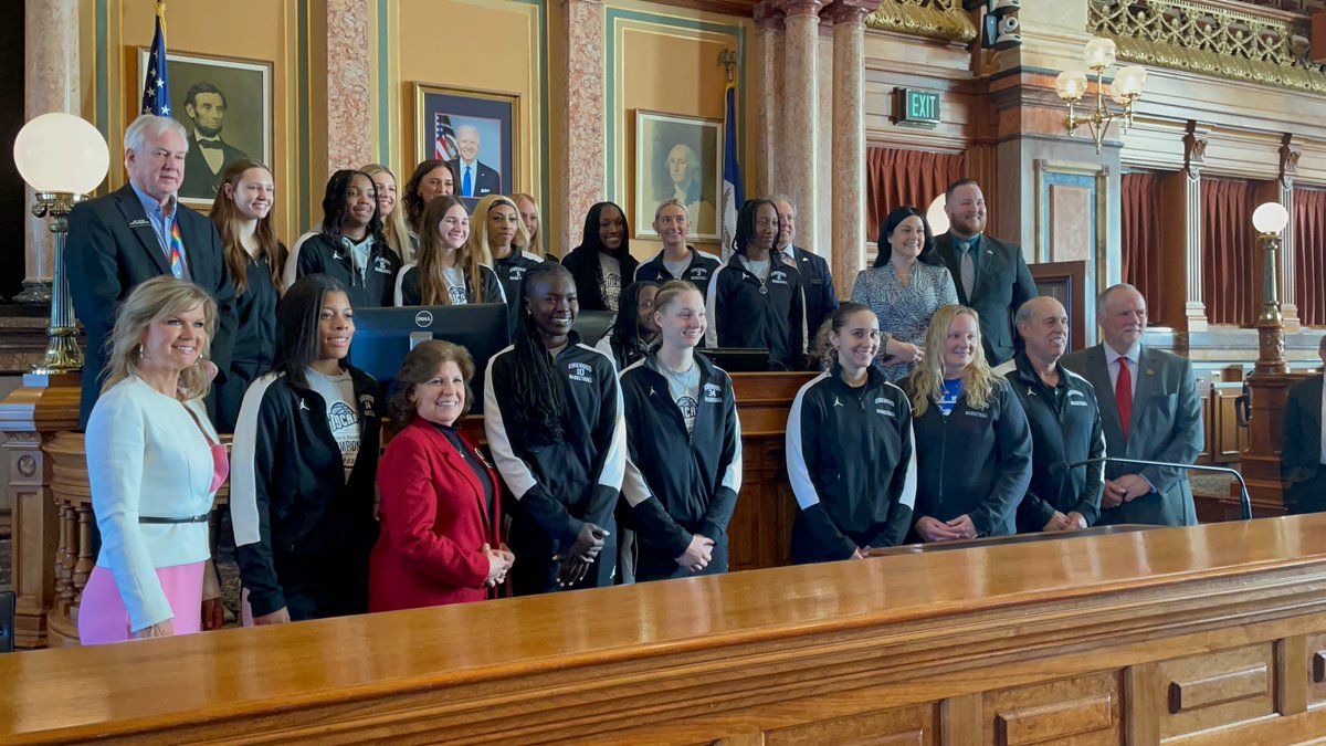 The Kirkwood Women's Basketball team celebrates their 9th National Title at the Iowa House Floor! 🏀🏆 Honored with a special resolution, they make history alongside Coach Muhl. A proud moment captured in the capitol building. Go Eagles! 🦅