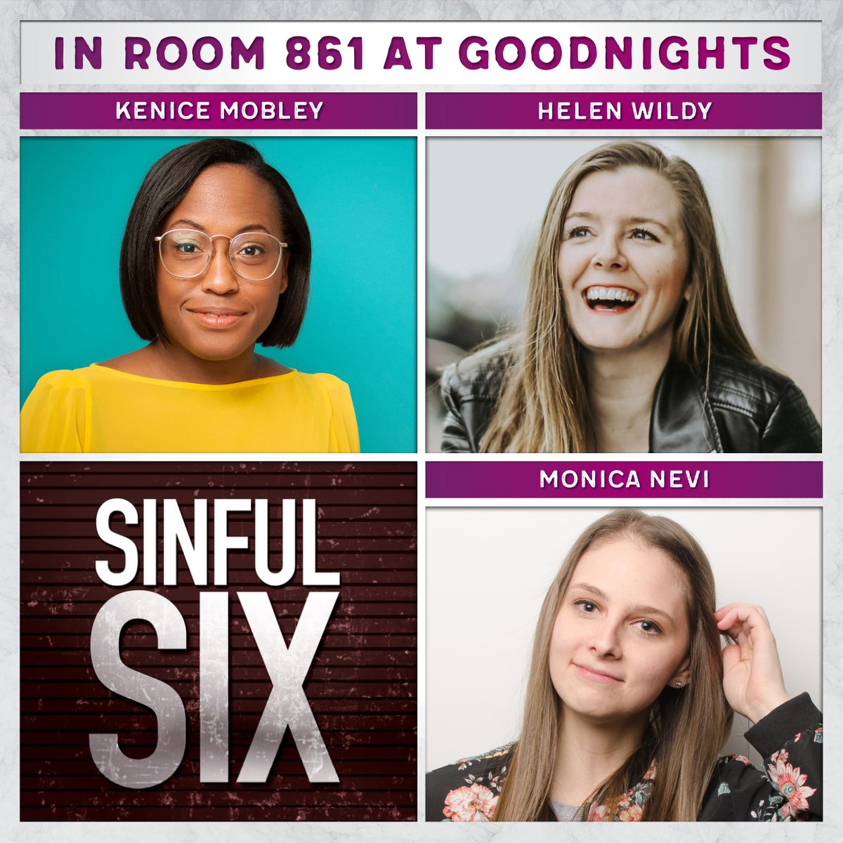 This Week at Goodnights | Open Mic, @Lepiarz, @Fiedy13, + stand-up shows and trivia with @DavidKoechner in the main showroom! @kenicemobley, Helen Wildy, Sinful Six, + @MonicaNevi in Room 861. Get tickets: ow.ly/UBLu50RbxCJ