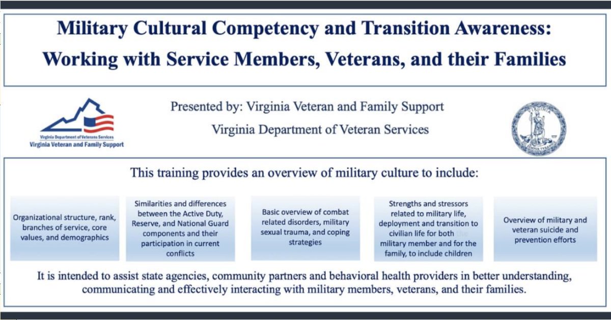 Please join us for our next Military Culture Competency and Awareness Training, held virtually on Zoom from 1-3 p.m. April 17. This free training is for anyone who works with the SMVF population. More info at erika.lawhorn@dvs.virginia.gov. Register at loom.ly/uy9JATc