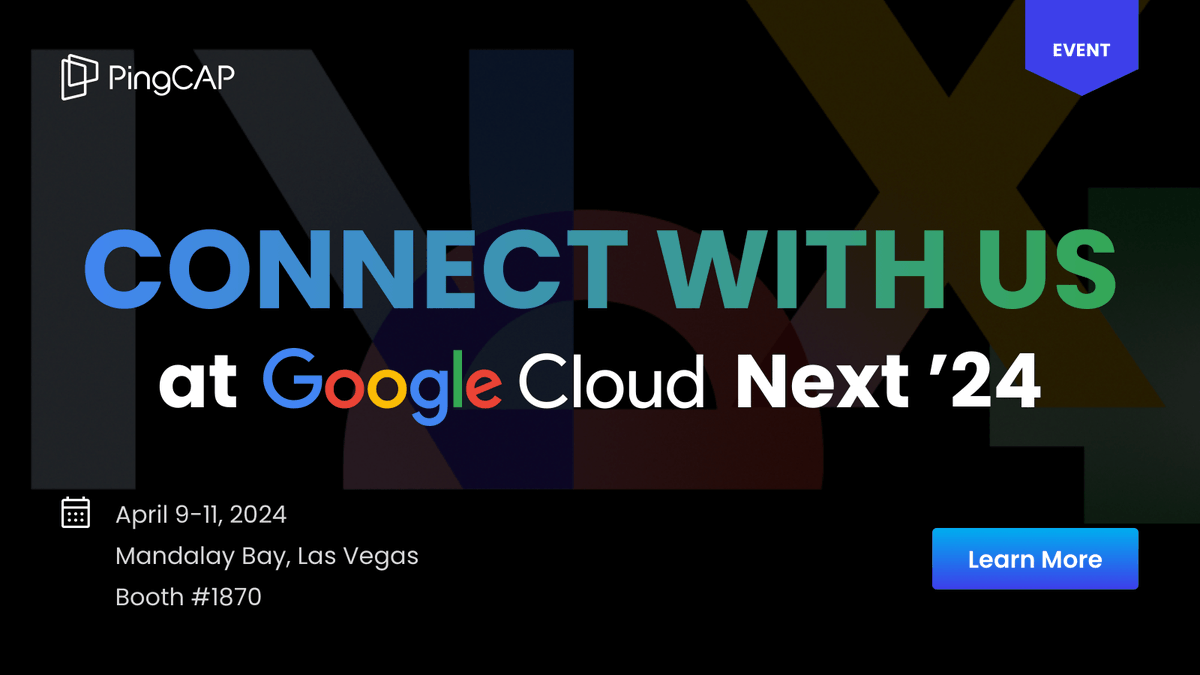 Google Cloud Next ’24 is here! 🚀 Learn more about the most advanced open-source, distributed SQL database 💪. Get insights for specific use cases. Stop by booth 1870 at the Mandalay Bay Resort in Las Vegas! #GoogleCloudNext #TiDB social.pingcap.com/u/0kGXq8