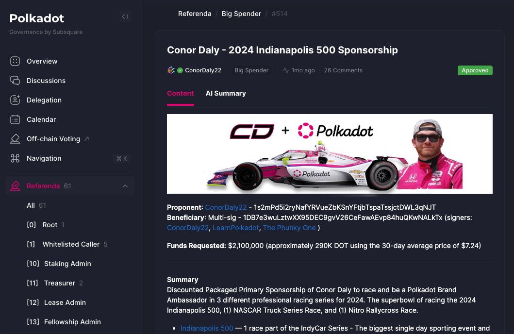 Polkadot's tweet image. A decentralized protocol sponsoring an athlete... but how?
It's all possible w/ Polkadot Decentralized Governance 🏛️
A community member submitted a proposal ➡️ DOT holders voted to sponsor Conor 🗳️
🌐 No centralized entity
🚫 No middlemen
🔗 Transparent and on-chain
