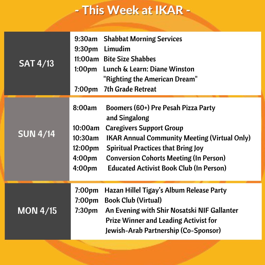 Check out what's going on this week at @ikarlosangeles! RSVP and learn more, ikar.org/calendar #weareikar