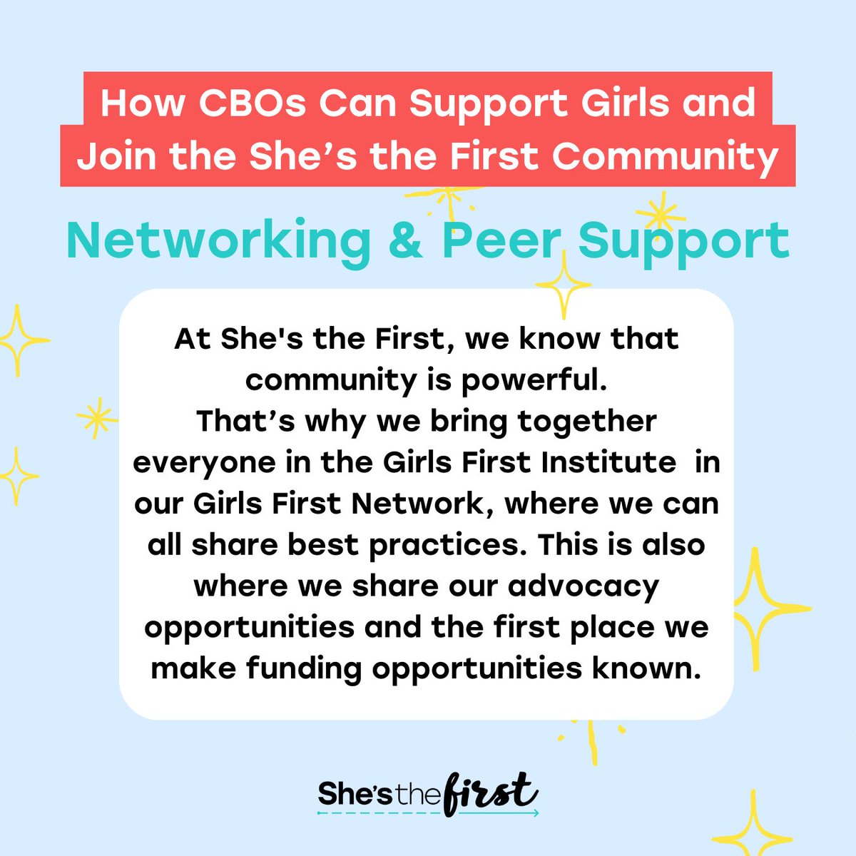 Gender equality is more crucial than ever, community-based organizations (CBOs) have a unique role to play. She's the First champions empowering girls globally to reach their fullest potential. These are a few ways CBOs can support girls. Learn more: loom.ly/EhoQ__w