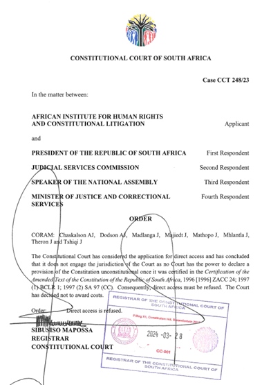 JohanLorenzen's tweet photo. The ConCourt has finally started uploading all of it's orders 🫶

Happily, they found that they cannot find a part of the Constitution unconstitutional.

Unhappily, the ConCourt does not upload the court papers in these matters so we have no idea what the matters were about. https://t.co/bEkP1HjadV