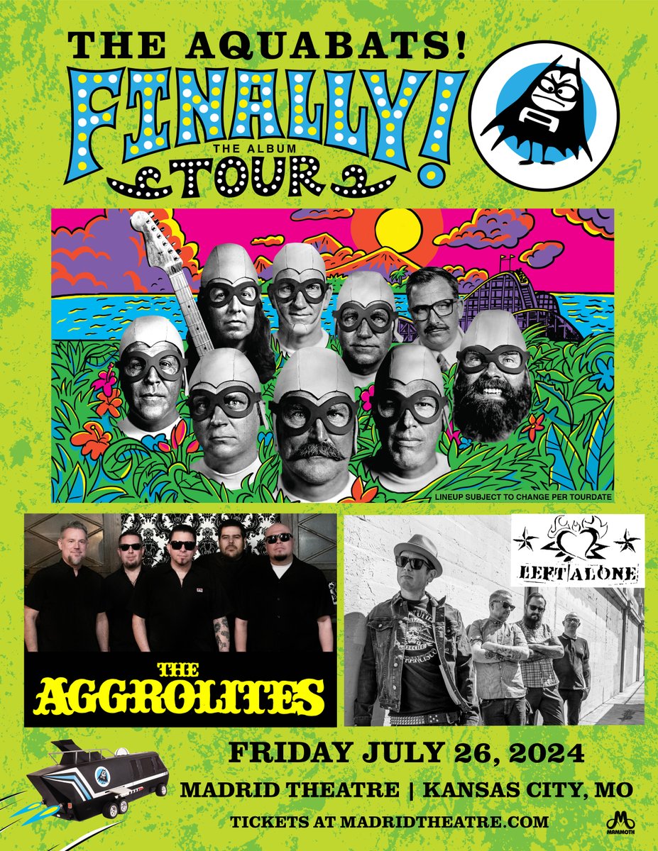 Announcing: @TheAquabats with @AggrolitesOG and Left Alone at @MadridTheatre on Fri. July 26! Tickets go on sale Friday at 10am: bit.ly/3xstbFx