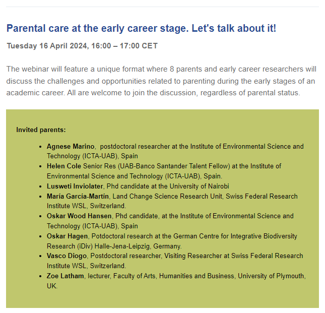 Are you a #parent and an early career landscape ecologists? What are the challenges and opportunities? Join our webinar and guests on April 16 at 16:00 CET to share your experience Registration here us06web.zoom.us/meeting/regist…