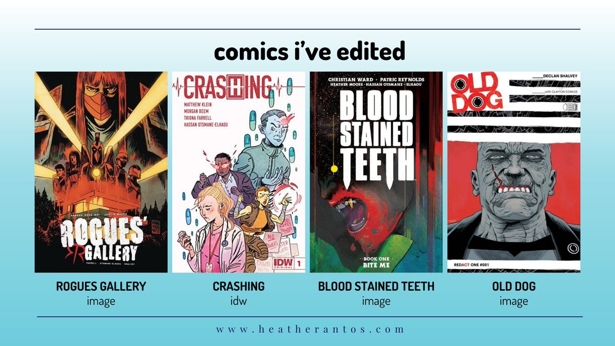 Hey #PortfolioDay! I'm Heather Antos & I'm known for editing licensed comics like STAR TREK, STAR WARS, & GWENPOOL. I also help folks with ORIGINAL titles like BLOOD STAINED TEETH, STARSIGNS, & ROGUES GALLERY. I love working w/ complex characters grounded in surreal situations.