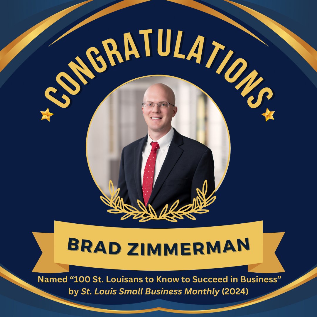 Brad Zimmerman, a partner in the firm's corporate group, has been named "100 St. Louisans to Know to Succeed in Business" by St. Louis Small Business Monthly magazine. #congrats #businesslaw #stlattorneytoknow