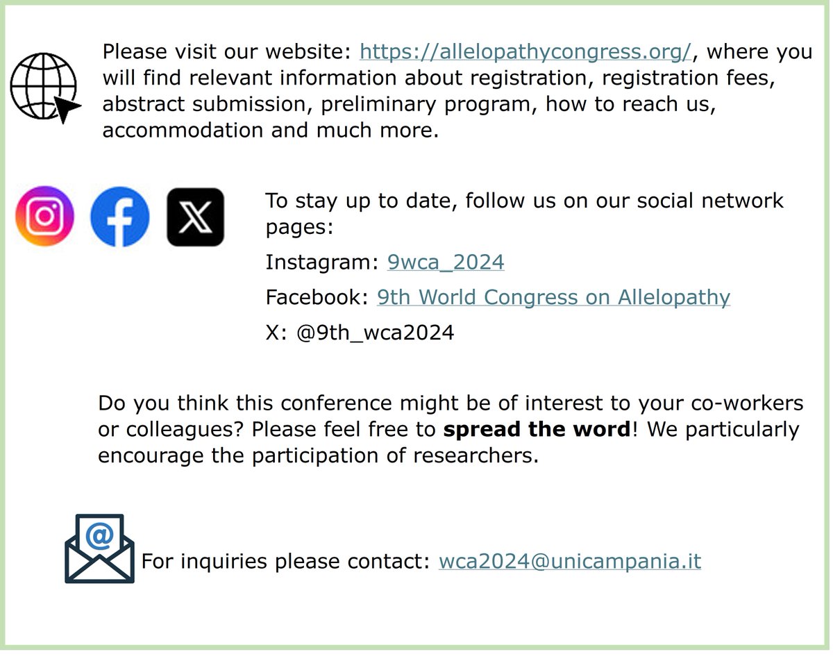 9th WCA info and contacts
🌐 Visit our websites...
allelopathycongress.org
allelopathy-society.osupytheas.fr/2024-word-cong…

💬 ...and follow us on social media ⬇️
Instagram: instagram.com/9wca_2024/
Facebook: facebook.com/profile.php?id…

📧 For inquiries please contact: wca2024@unicampania.it