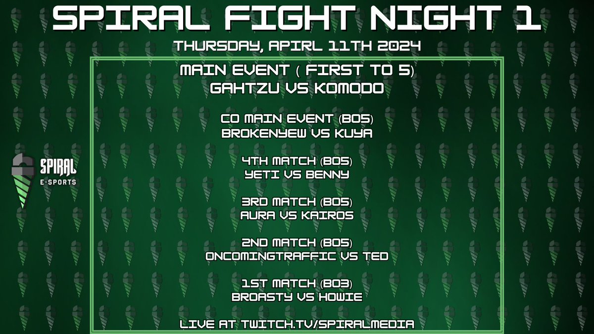 We are proud to announce a new monthly series! 
SPIRAL FIGHT NIGHT! 

This will be a set of monthly exhibition matches between local people in the CFL Melee Area! Ranging from all levels of play! 

Catch all the Action this Thursday  at 7:30PM on our Twitch!
