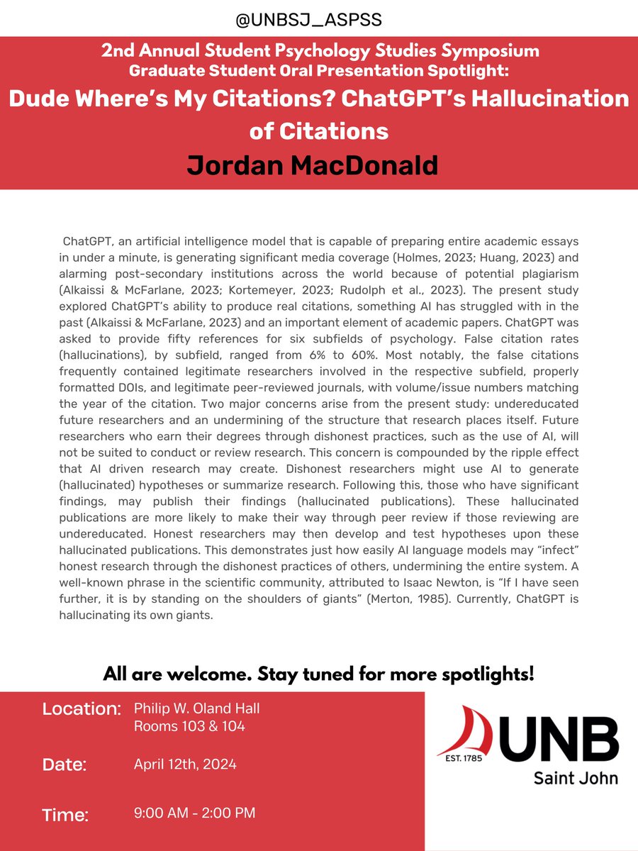 Jordan MacDonald will be giving an oral presentation entitled "Dude Where's My Citations? ChatGPT's Hallucination of Citations" this Friday, April 12th! Hope to see you there. #ASPSS