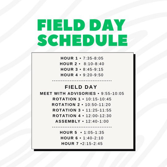 Take a look at this weeks events!! Be aware of the schedule change due to field day, and keep dressing up to win spirit points for your grade! #wpc #protectthepack