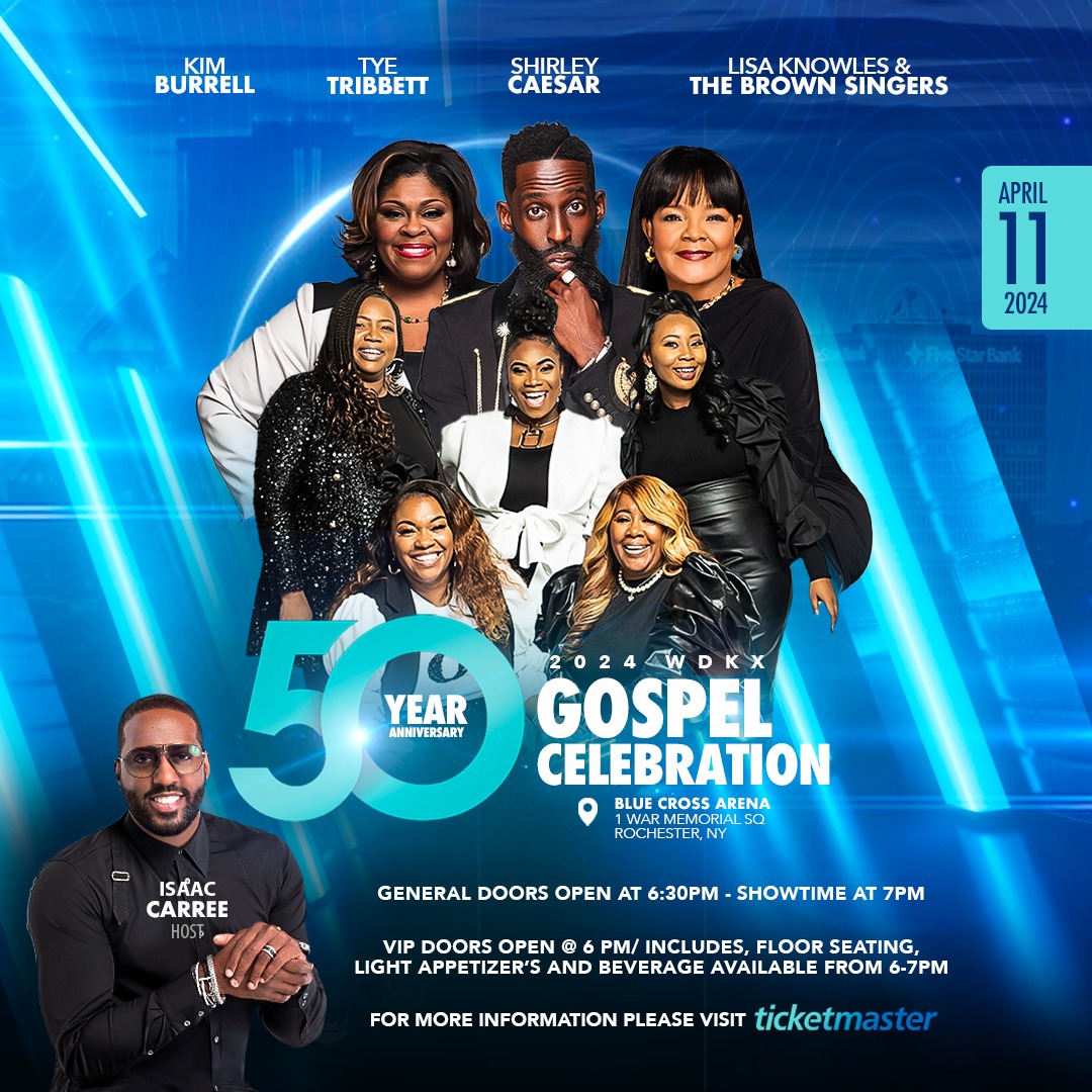 Join us 4/11 for WDKX Gospel Celebration! Isaac Carree will host, & Kim Burrell, Tye Tribbett, Shirley Caesar, & Lisa Knowles & The Brown Singers will perform! Reserved & VIP tickets available. VIP includes floor seating, & light food & drink. 🎟️: bit.ly/3T7AwS2