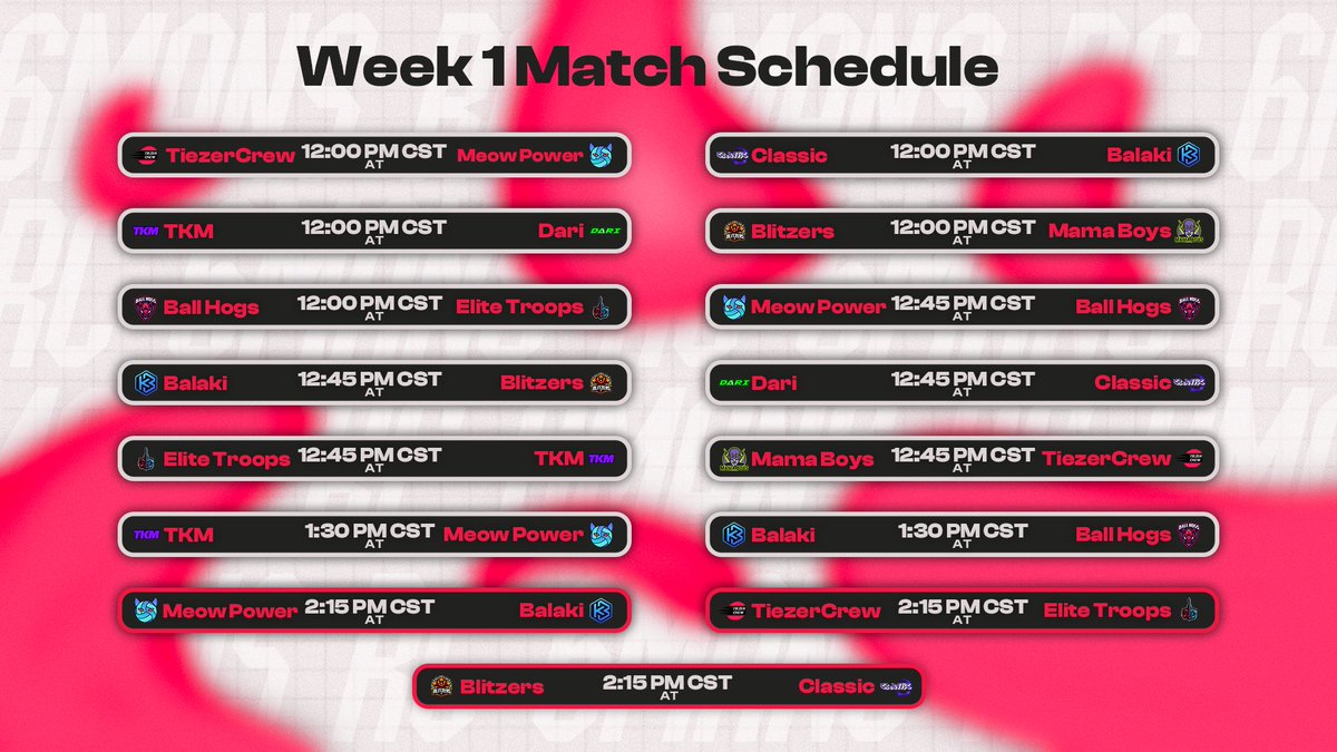 RC_6Mans's tweet image. This Saturday will mark the first week of the RC 6Mans Premier League! Here are your matchups for week 1!

The red outlined matches will be broadcasted in this order:
Meow Power - Balaki
TiezerCrew - Elite Troops
Blitzers - Classic