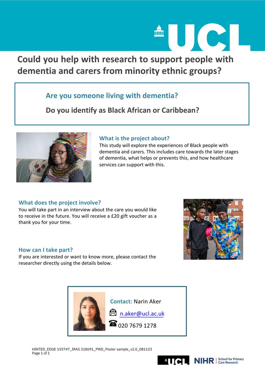 Do you live with #dementia and identify as Black African or Caribbean? @n_aker_ is conducting research to support people with dementia and carers from minority ethnic groups, and would love to hear from you. For more information, please email Narin Aker at n.aker@ucl.ac.uk.