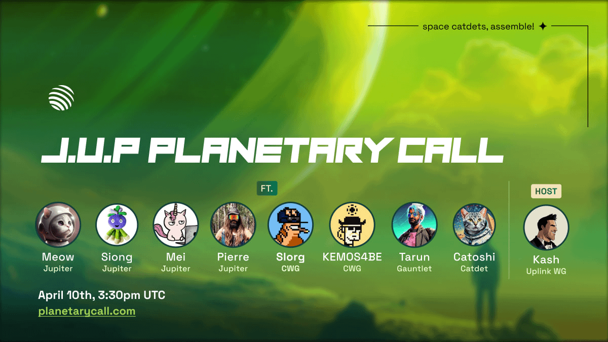 JupiterExchange's tweet photo. Tomorrow's Planetary Call will be super action packed! We will do an overview of the major infrastructure improvements we're making to help with congestion and scaling, while also unveiling the new LFG candidates for the coming Monday vote!

In particular, @PierreArowana and @9yointern will share about the latest upgrades for our token/market lists, and hear from @Sssionggg about recent infra challenges and improvements.

@gauntlet_xyz, one of the top teams in on-chain risk management, will also join us to talk about risk management for Jupiter Perps and JLP!

Register here: https://t.co/nB8xEfg6bK