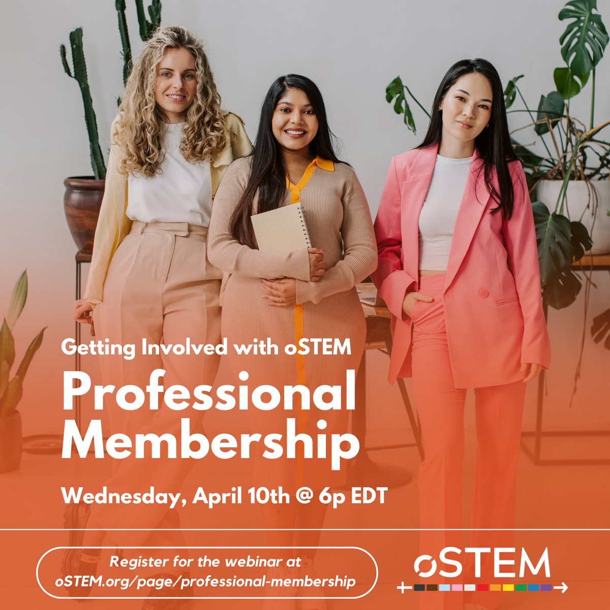 The oSTEM Professional Membership team is hosting an event this Wednesday, April 10th @ 6pm EDT! We will be sharing how to get involved as a professional member of oSTEM, with local and virtual opportunities. (1/)